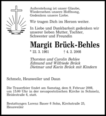 Todesanzeige von Margit Brück-Behles von SAARBRÜCKER ZEITUNG