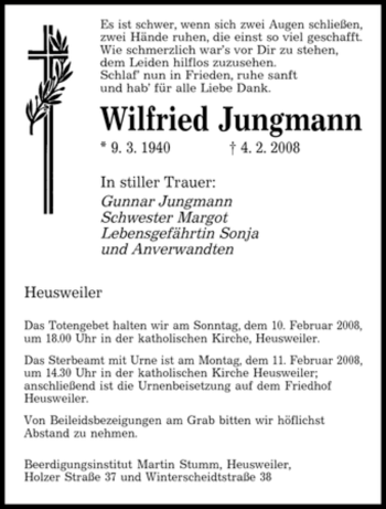 Todesanzeige von Wilfried Jungmann von SAARBRÜCKER ZEITUNG