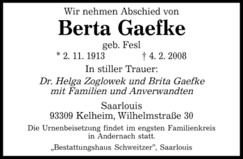 Todesanzeige von Berta Gaefke von SAARBRÜCKER ZEITUNG