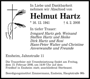 Todesanzeige von Helmut Hartz von SAARBRÜCKER ZEITUNG