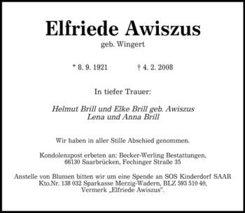 Todesanzeige von Elfriede Awiszus von SAARBRÜCKER ZEITUNG