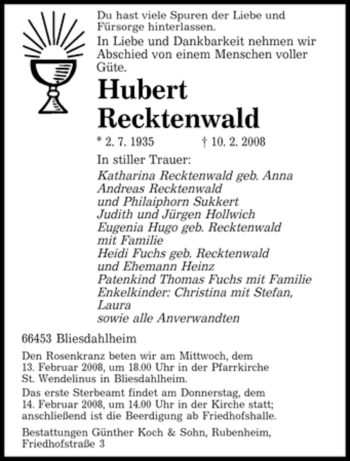 Todesanzeige von Hubert Recktenwald von SAARBRÜCKER ZEITUNG