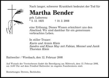 Todesanzeige von Martha Bender von SAARBRÜCKER ZEITUNG