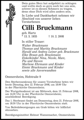 Todesanzeige von Cilli Bruckmann von SAARBRÜCKER ZEITUNG