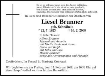 Todesanzeige von Liesel Brunner von SAARBRÜCKER ZEITUNG