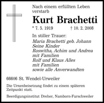 Todesanzeige von Kurt Brachetti von SAARBRÜCKER ZEITUNG
