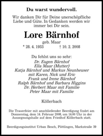 Todesanzeige von Lore Bärnhof von SAARBRÜCKER ZEITUNG