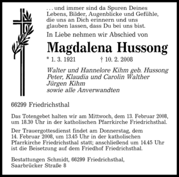 Todesanzeige von Magdalena Hussong von SAARBRÜCKER ZEITUNG