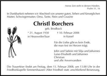 Todesanzeige von Christl Borchers von SAARLAND OST