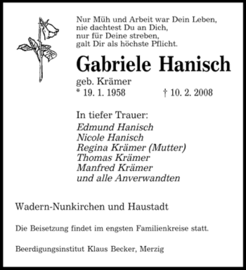 Todesanzeige von Gabriele Hanisch von SAARBRÜCKER ZEITUNG