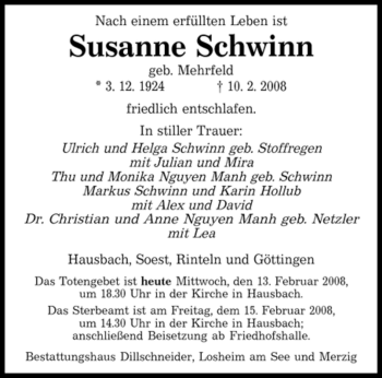 Todesanzeige von Susanne Schwinn von SAARBRÜCKER ZEITUNG