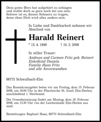 Todesanzeige von Harald Reinert von SAARBRÜCKER ZEITUNG