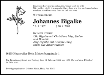 Todesanzeige von Johannes Bigalke von SAARBRÜCKER ZEITUNG