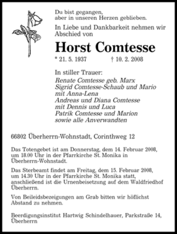 Todesanzeige von Horst Comtesse von SAARBRÜCKER ZEITUNG