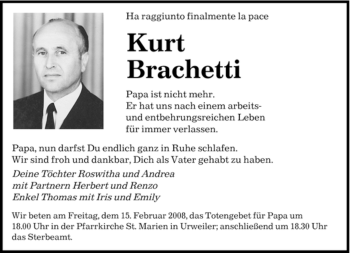 Todesanzeige von Kurt Brachetti von SAARBRÜCKER ZEITUNG