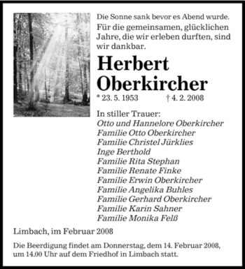 Todesanzeige von Herbert Oberkircher von SAARBRÜCKER ZEITUNG