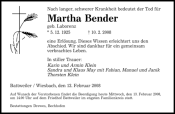 Todesanzeige von Martha Bender von SAARBRÜCKER ZEITUNG