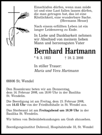 Todesanzeige von Bernhard Hartmann von SAARBRÜCKER ZEITUNG