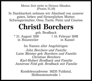 Todesanzeige von Christl Borchers von SAARBRÜCKER ZEITUNG