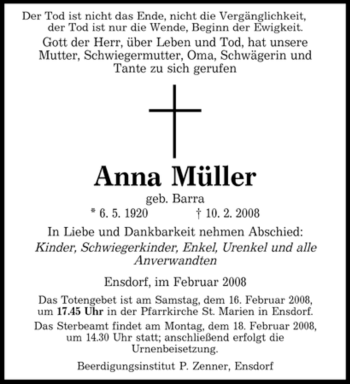 Todesanzeige von Anna Müller von SAARBRÜCKER ZEITUNG