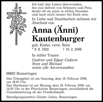 Todesanzeige von Anna Kautenburger von SAARBRÜCKER ZEITUNG