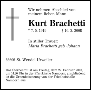 Todesanzeige von Kurt Brachetti von SAARBRÜCKER ZEITUNG