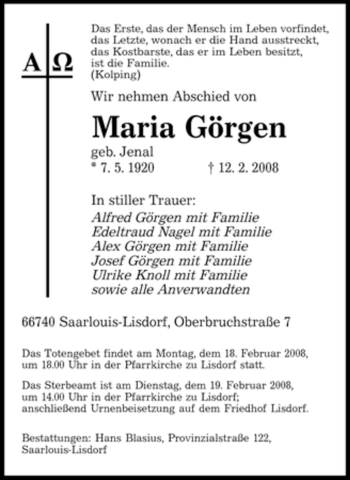 Todesanzeige von Maria Görgen von SAARBRÜCKER ZEITUNG