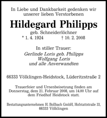 Todesanzeige von Hildegard Philipps von SAARBRÜCKER ZEITUNG