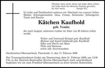 Todesanzeige von Kätchen Kaufhold von SAARBRÜCKER ZEITUNG