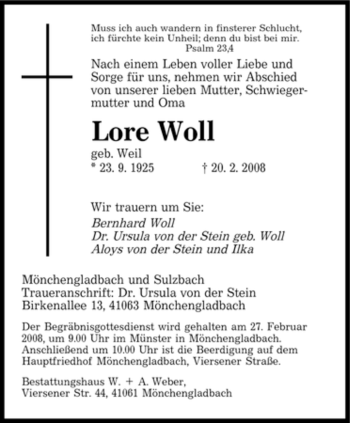 Todesanzeige von Woll Lore von SAARBRÜCKER ZEITUNG