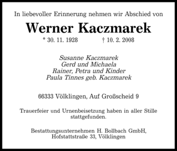 Todesanzeige von Werner Kaczmarek von SAARBRÜCKER ZEITUNG