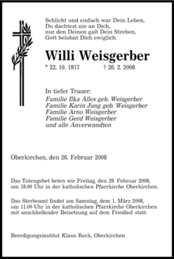 Todesanzeige von Willi Weisgerber von SAARBRÜCKER ZEITUNG