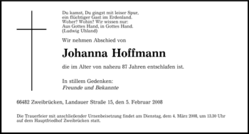 Todesanzeige von Johanna Hoffmann von SAARBRÜCKER ZEITUNG