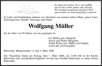 Todesanzeige von Wolfgang Müller von SAARBRÜCKER ZEITUNG