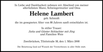 Todesanzeige von Helene Lambert von SAARBRÜCKER ZEITUNG