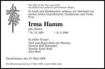 Todesanzeige von Irma Hamm von SAARBRÜCKER ZEITUNG