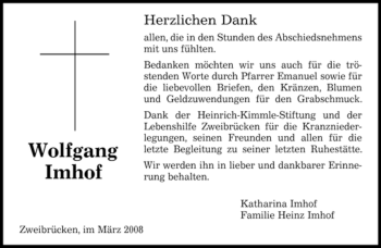 Todesanzeige von Wolfgang Imhof von SAARBRÜCKER ZEITUNG
