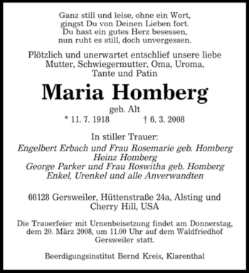 Todesanzeige von Maria Homberg von SAARBRÜCKER ZEITUNG
