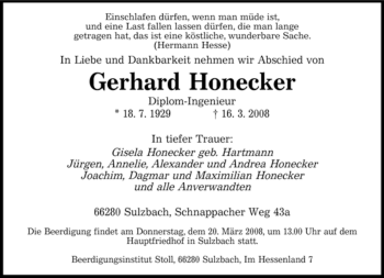Todesanzeige von Gerhard Honecker von SAARBRÜCKER ZEITUNG