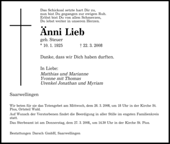 Todesanzeige von Änni Lieb von SAARBRÜCKER ZEITUNG