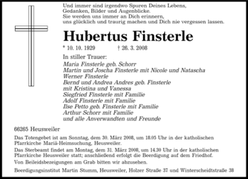 Todesanzeige von Hubertus Finsterle von SAARBRÜCKER ZEITUNG
