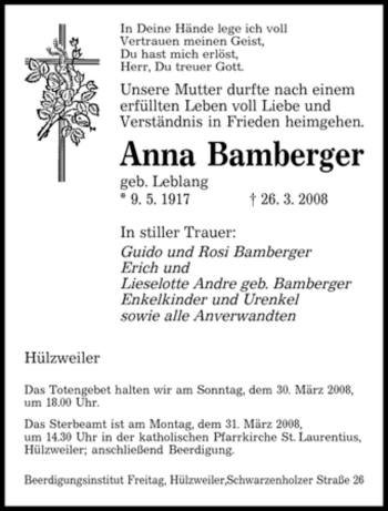 Todesanzeige von Anna Bamberger von SAARBRÜCKER ZEITUNG