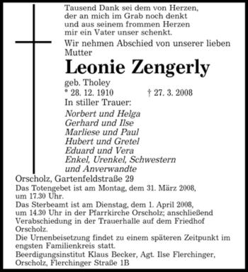 Todesanzeige von Leonie Zengerly von SAARBRÜCKER ZEITUNG