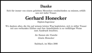 Todesanzeige von Gerhard Honecker von SAARBRÜCKER ZEITUNG