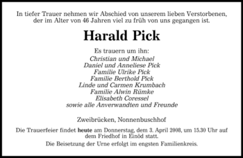 Todesanzeige von Harald Pick von SAARBRÜCKER ZEITUNG