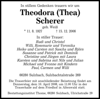 Todesanzeige von Theodora Scherer von SAARBRÜCKER ZEITUNG