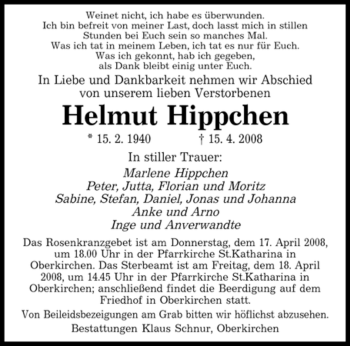 Todesanzeige von Helmut Hippchen von SAARBRÜCKER ZEITUNG