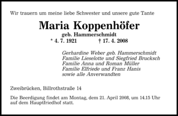 Todesanzeige von Maria Koppenhöfer von SAARBRÜCKER ZEITUNG