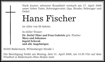 Todesanzeige von Hans Fischer 