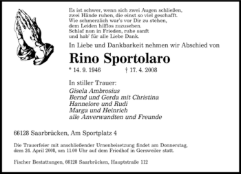 Todesanzeige von Rino Sportolaro von SAARBRÜCKER ZEITUNG